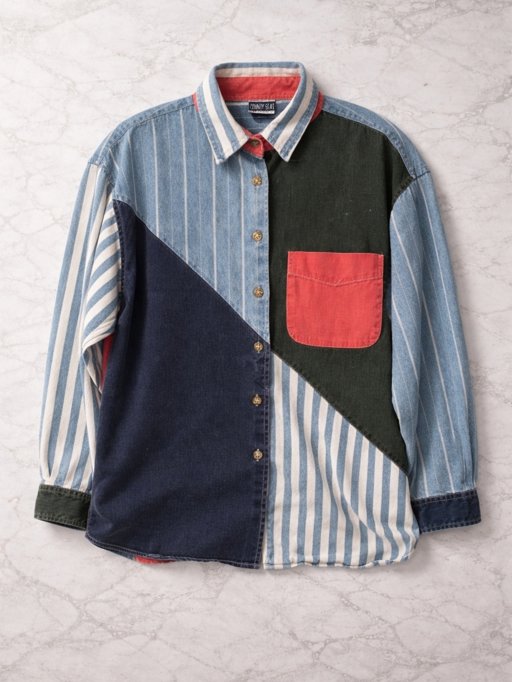 Vintage County Seat Nuovo Patchwork Denim Shirt Colorblock Striped Button Up L